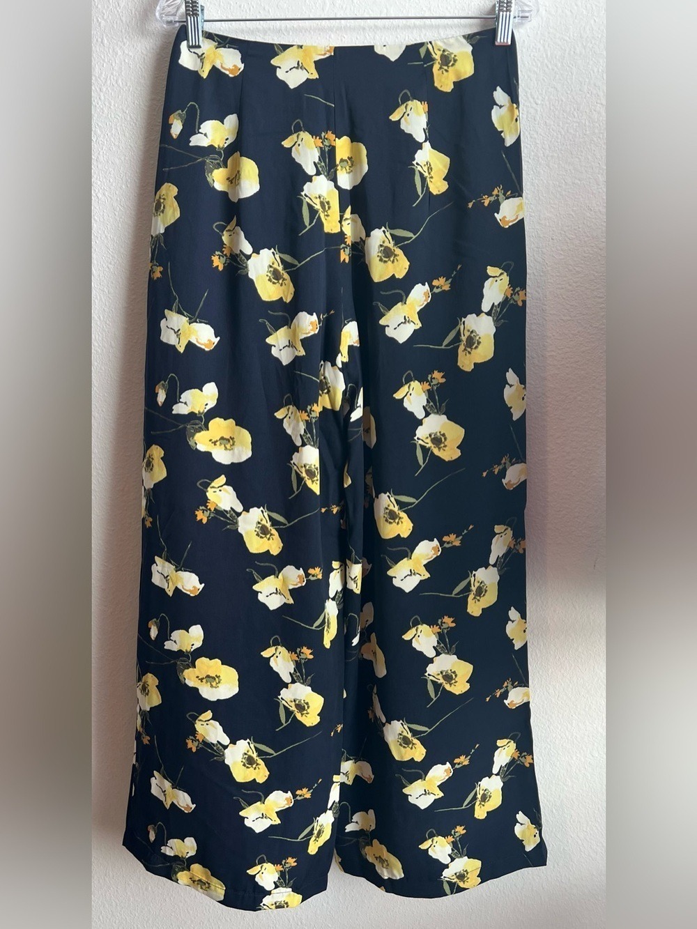 Moon River Navy Floral Wide-Leg Pants with Yellow & White Blooms